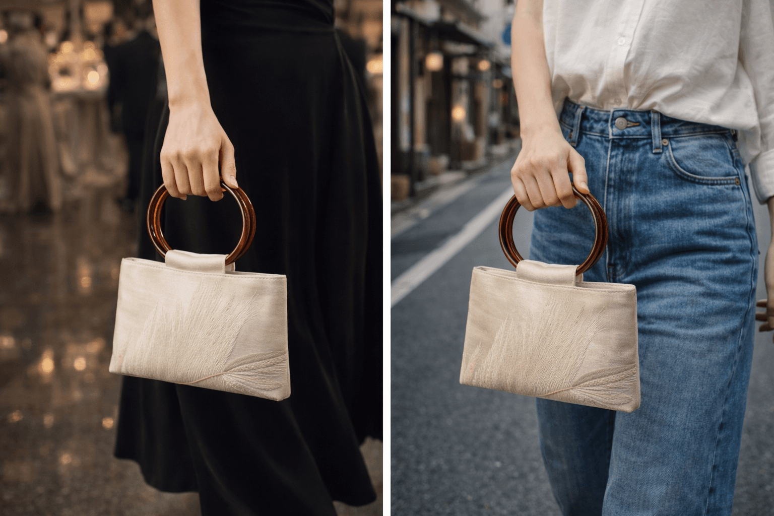 ホワイトゴールド葉柄バッグ  ｜帯リメイク 小サイズ 和モダン【 一点物】 | 4枚目