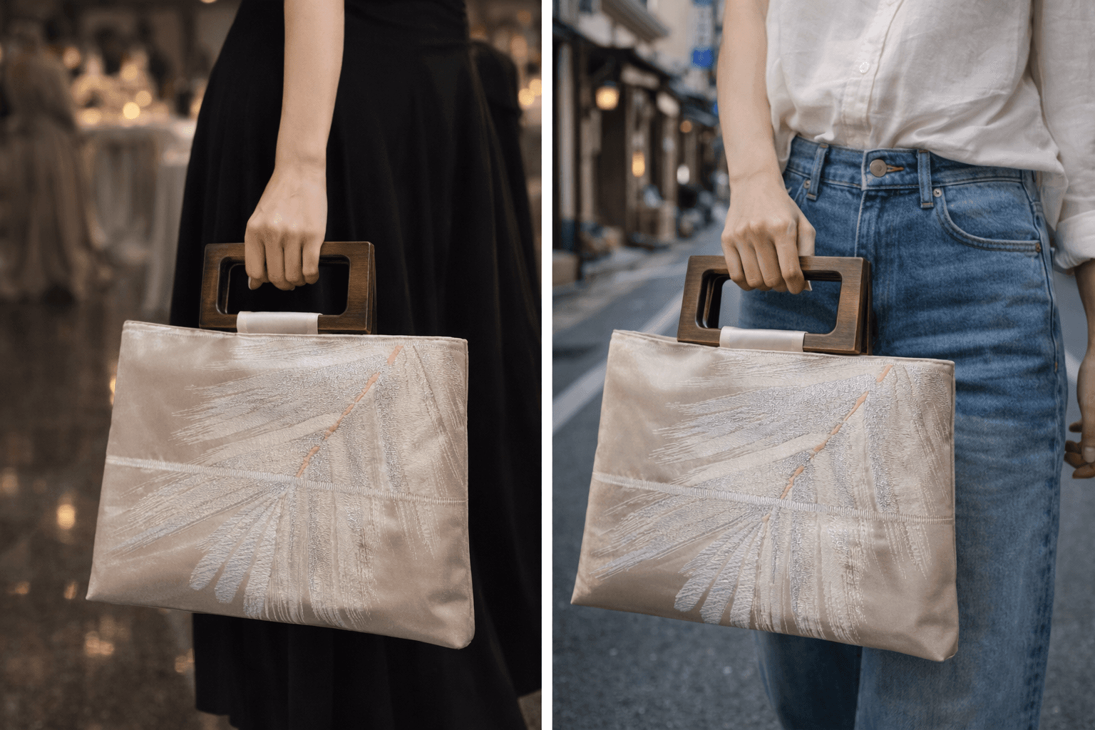 ホワイトゴールド葉柄バッグ｜帯リメイク  大サイズ 和モダン 【一点物】 | 4枚目